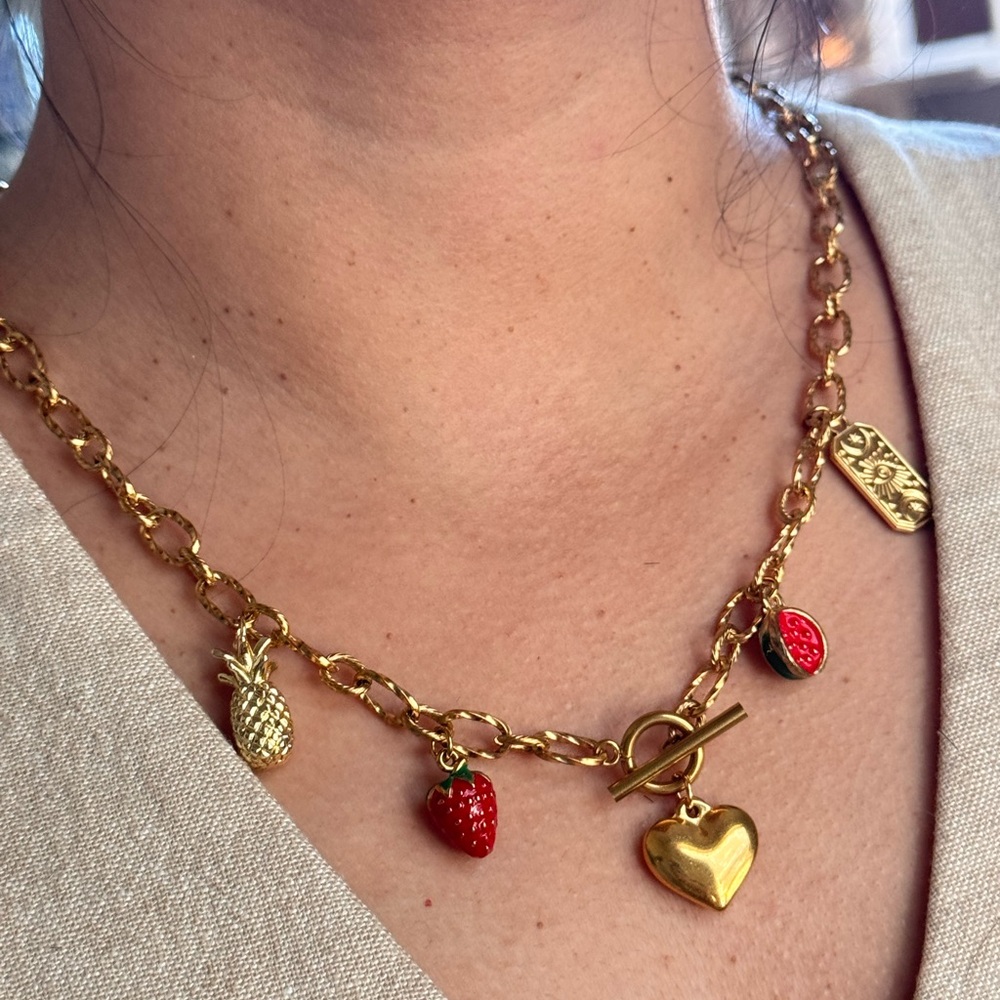 Gold Charm Necklace with Red Accents - Picture 3 of 4